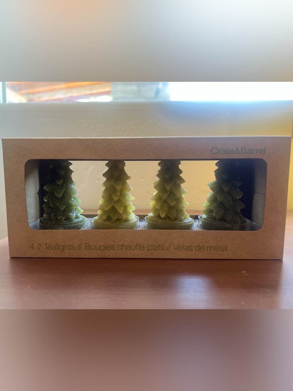 Crate & Barrel Green Christmas Holiday Tree Tealight Candles Set of 4 NIB